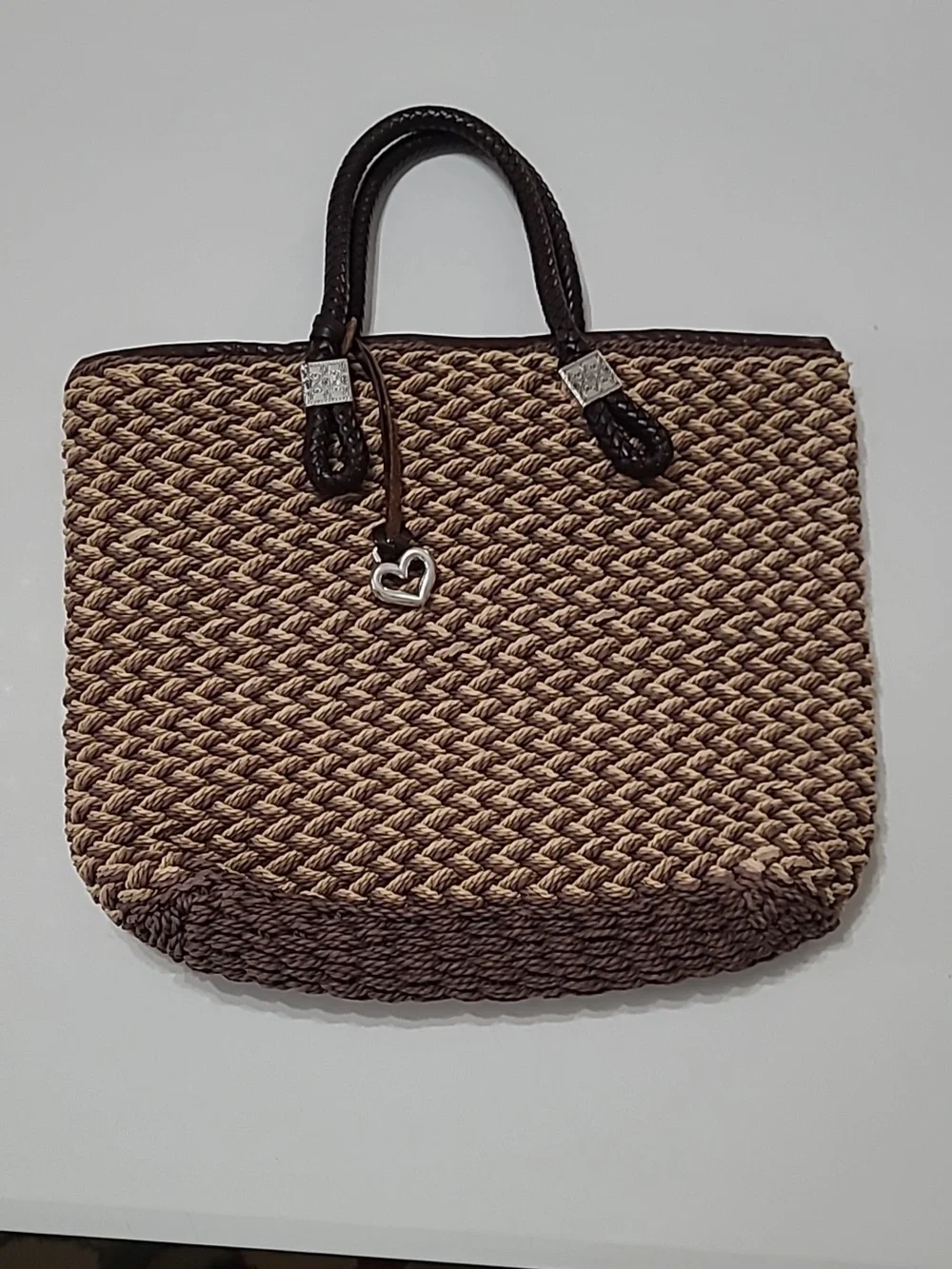 Brighton Tan Woven Tote, Dark Brown Trim, Silver Charm & Leather Braided Handles